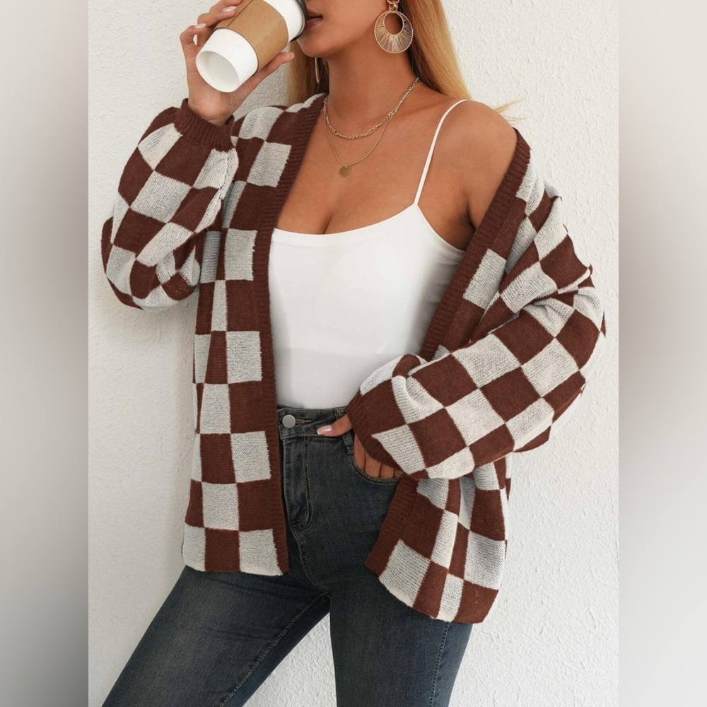 Checkerboard Pattern Open Front Knit Cardigan - Picture 4 of 10